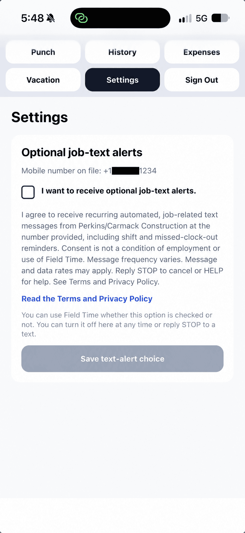 Field Time Settings screen showing a mobile number on file, unchecked optional SMS checkbox, disclosure, and save button